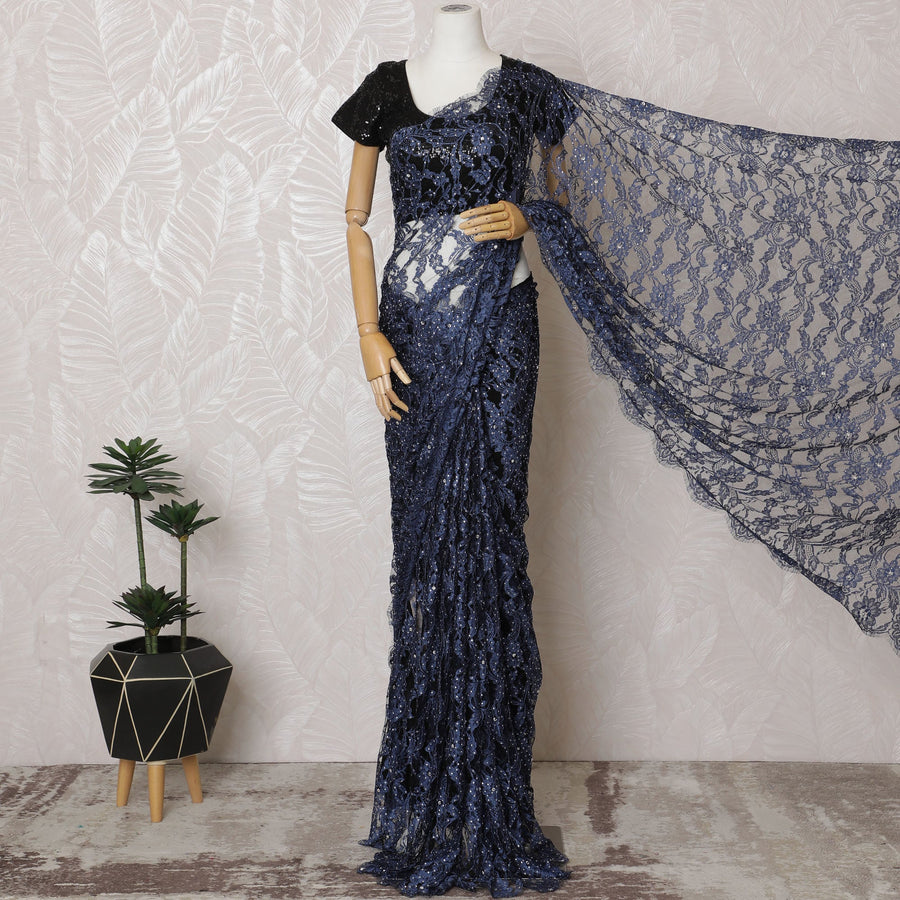 Elegant French Two-Tone Navy blue and Black Chantilly Saree Lace with Stone Work - Navy Blue, 110 cm Width, 5.5 Mtrs-D19437