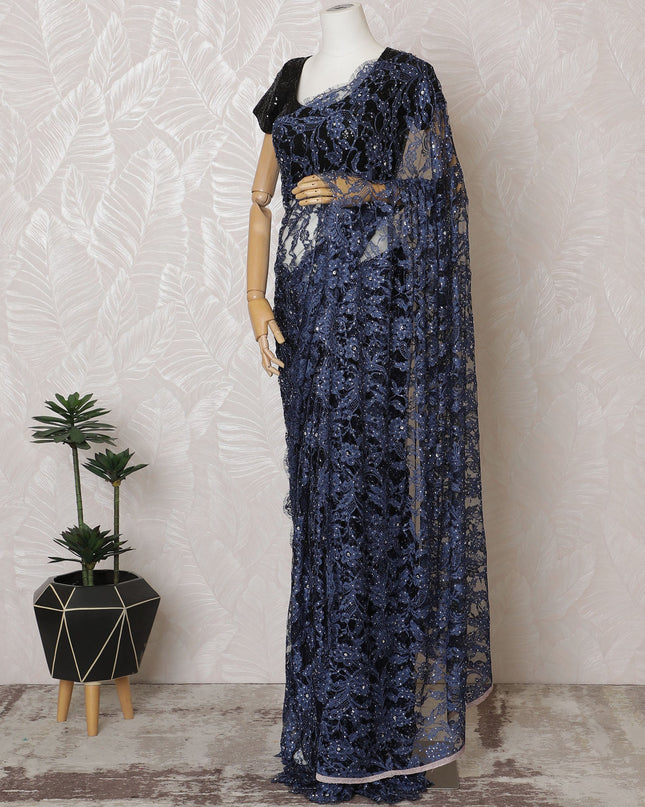 Elegant French Two-Tone Navy blue and Black Chantilly Saree Lace with Stone Work - Navy Blue, 110 cm Width, 5.5 Mtrs-D19437