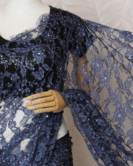 Elegant French Two-Tone Navy blue and Black Chantilly Saree Lace with Stone Work - Navy Blue, 110 cm Width, 5.5 Mtrs-D19437