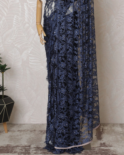 Elegant French Two-Tone Navy blue and Black Chantilly Saree Lace with Stone Work - Navy Blue, 110 cm Width, 5.5 Mtrs-D19437