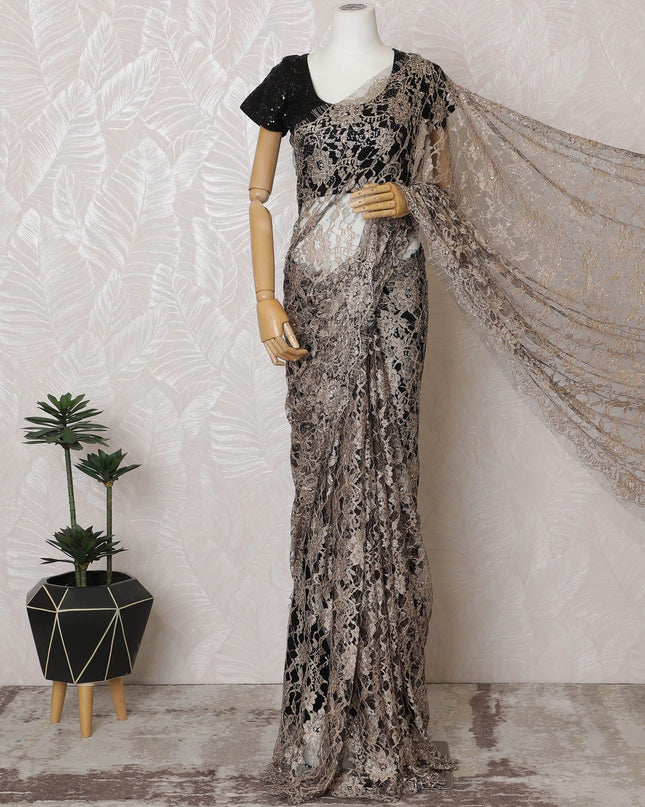 Elegant French Two-Tone Brown and Black Chantilly Saree Lace with Stone Work - Taupe, 110 cm Width, 5.5 Mtrs-D19438 Regal Fabrics
