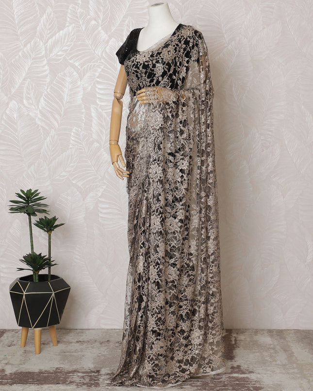 Elegant French Two-Tone Brown and Black Chantilly Saree Lace with Stone Work - Taupe, 110 cm Width, 5.5 Mtrs-D19438 Regal Fabrics