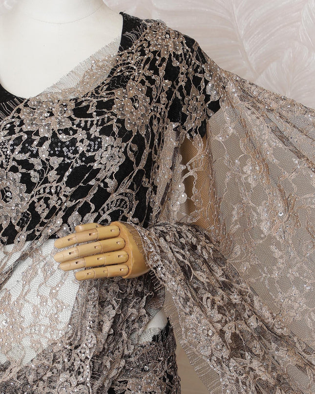 Elegant French Two-Tone Brown and Black Chantilly Saree Lace with Stone Work - Taupe, 110 cm Width, 5.5 Mtrs-D19438 Regal Fabrics