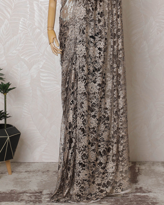 Elegant French Two-Tone Brown and Black Chantilly Saree Lace with Stone Work - Taupe, 110 cm Width, 5.5 Mtrs-D19438 Regal Fabrics