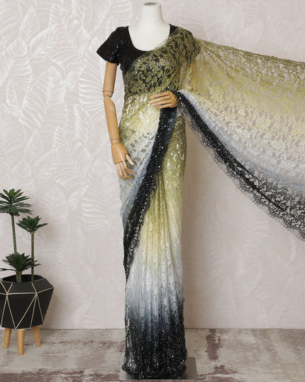 Elegant French Ombre Chantilly Saree Lace with Stone Work - Black, Grey, and Olive, 110 cm Width, 5.5 Mtrs-D19440