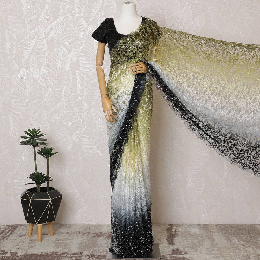 Elegant French Ombre Chantilly Saree Lace with Stone Work - Black, Grey, and Olive, 110 cm Width, 5.5 Mtrs-D19440