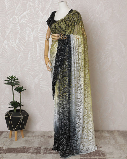 Elegant French Ombre Chantilly Saree Lace with Stone Work - Black, Grey, and Olive, 110 cm Width, 5.5 Mtrs-D19440