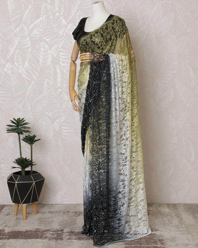 Elegant French Ombre Chantilly Saree Lace with Stone Work - Black, Grey, and Olive, 110 cm Width, 5.5 Mtrs-D19440