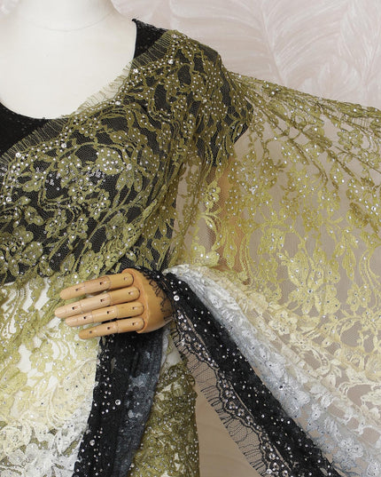 Elegant French Ombre Chantilly Saree Lace with Stone Work - Black, Grey, and Olive, 110 cm Width, 5.5 Mtrs-D19440