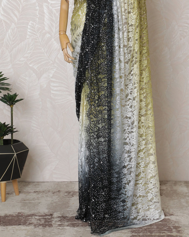 Elegant French Ombre Chantilly Saree Lace with Stone Work - Black, Grey, and Olive, 110 cm Width, 5.5 Mtrs-D19440