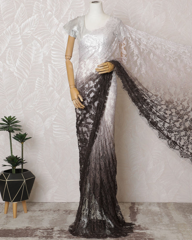 Elegant French Ombre Chantilly Saree Lace with Stone Work - Brown and White, 110 cm Width, 5.5 Mtrs-D19441