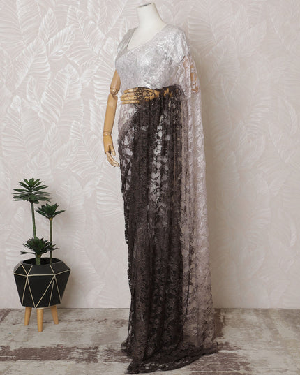 Elegant French Ombre Chantilly Saree Lace with Stone Work - Brown and White, 110 cm Width, 5.5 Mtrs-D19441