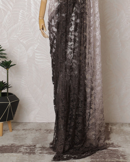 Elegant French Ombre Chantilly Saree Lace with Stone Work - Brown and White, 110 cm Width, 5.5 Mtrs-D19441