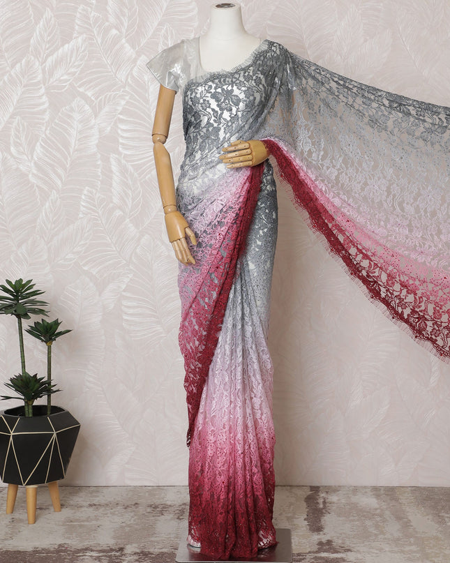 Elegant French Ombre Chantilly Saree Lace with Stone Work - Grey, Pink, and Red, 110 cm Width, 5.5 Mtrs-D19442