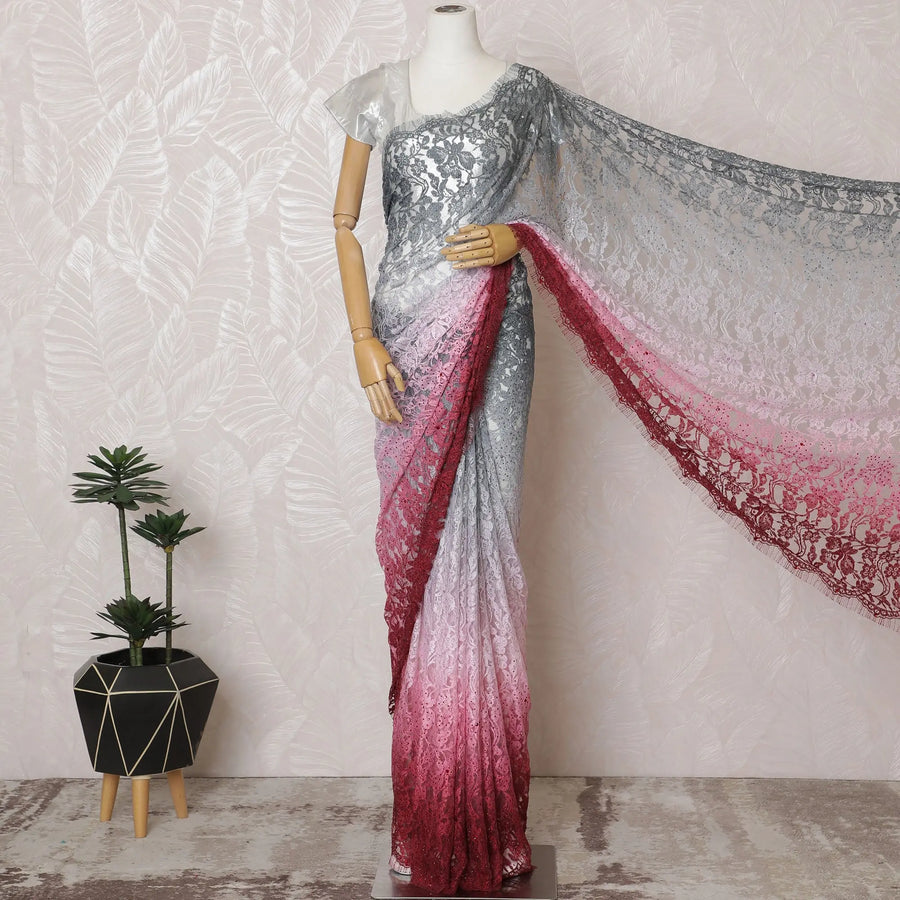 Elegant French Ombre Chantilly Saree Lace with Stone Work - Grey, Pink, and Red, 110 cm Width, 5.5 Mtrs-D19442 Regal Fabrics
