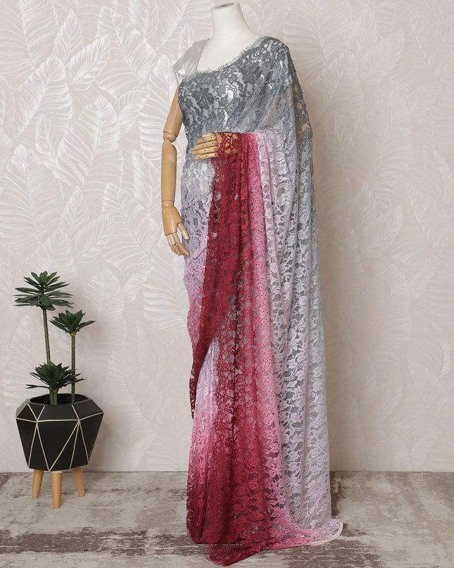 Elegant French Ombre Chantilly Saree Lace with Stone Work - Grey, Pink, and Red, 110 cm Width, 5.5 Mtrs-D19442