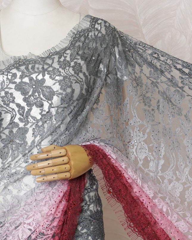 Elegant French Ombre Chantilly Saree Lace with Stone Work - Grey, Pink, and Red, 110 cm Width, 5.5 Mtrs-D19442