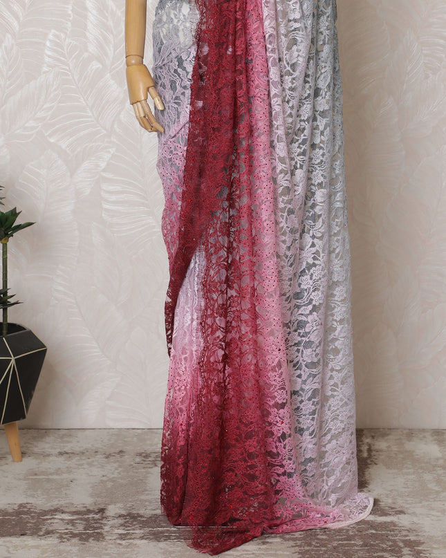 Elegant French Ombre Chantilly Saree Lace with Stone Work - Grey, Pink, and Red, 110 cm Width, 5.5 Mtrs-D19442