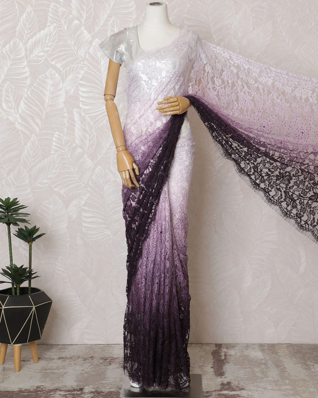 Elegant French Ombre Chantilly Saree Lace with Stone Work - Lavender and Plum, 110 cm Width, 5.5 Mtrs-D19443 Regal Fabrics