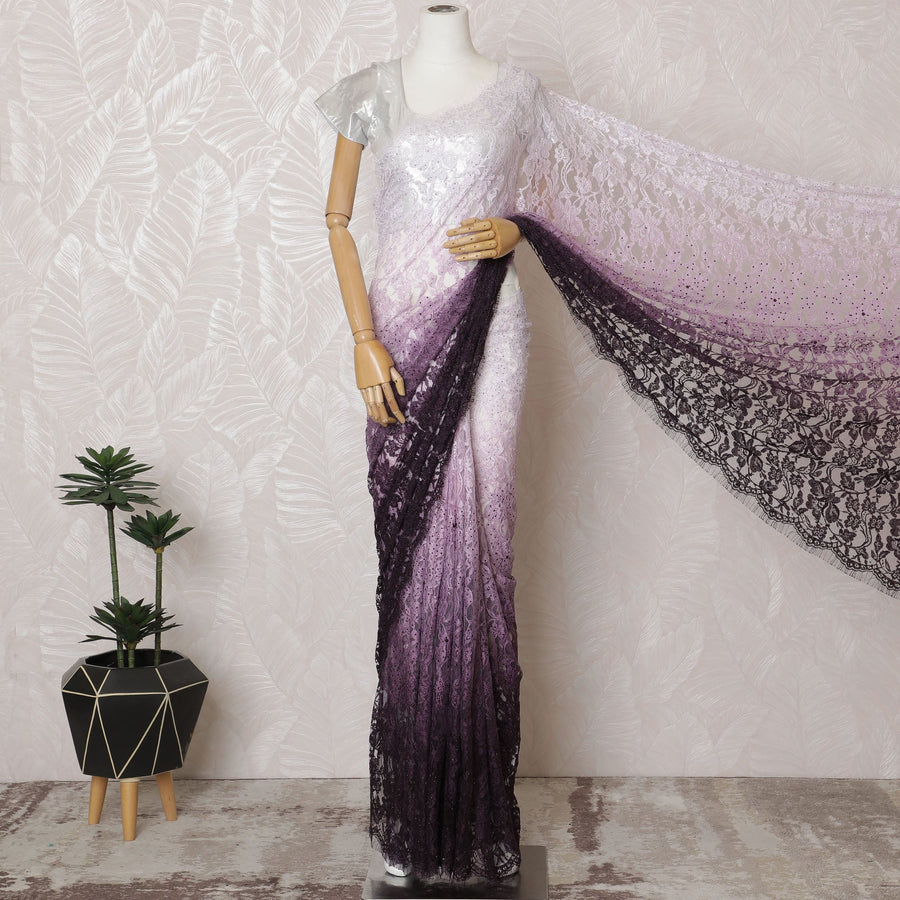 Elegant French Ombre Chantilly Saree Lace with Stone Work - Lavender and Plum, 110 cm Width, 5.5 Mtrs-D19443
