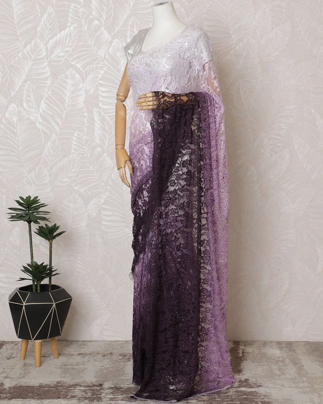 Elegant French Ombre Chantilly Saree Lace with Stone Work - Lavender and Plum, 110 cm Width, 5.5 Mtrs-D19443 Regal Fabrics