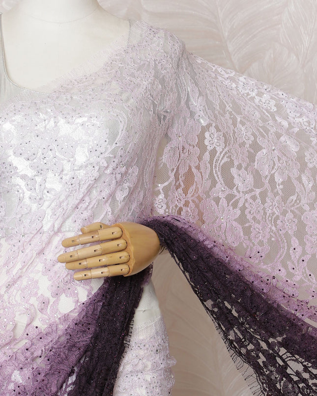 Elegant French Ombre Chantilly Saree Lace with Stone Work - Lavender and Plum, 110 cm Width, 5.5 Mtrs-D19443 Regal Fabrics
