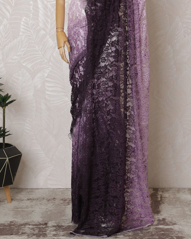Elegant French Ombre Chantilly Saree Lace with Stone Work - Lavender and Plum, 110 cm Width, 5.5 Mtrs-D19443 Regal Fabrics