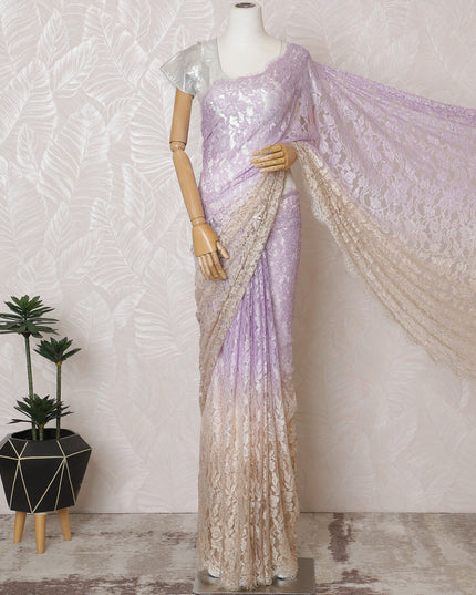 Elegant French Ombre Chantilly Saree Lace with Stone Work - Lavender and Beige, 110 cm Width, 5.5 Mtrs-D19444