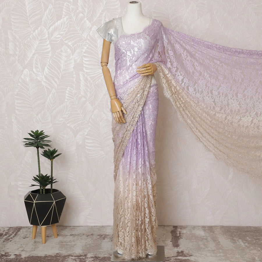 Elegant French Ombre Chantilly Saree Lace with Stone Work - Lavender and Beige, 110 cm Width, 5.5 Mtrs-D19444 Regal Fabrics