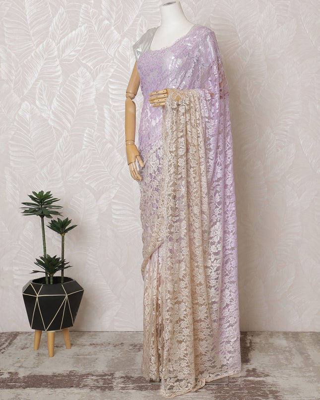 Elegant French Ombre Chantilly Saree Lace with Stone Work - Lavender and Beige, 110 cm Width, 5.5 Mtrs-D19444