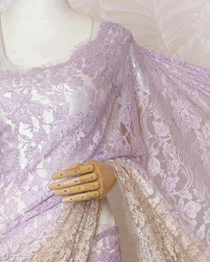 Elegant French Ombre Chantilly Saree Lace with Stone Work - Lavender and Beige, 110 cm Width, 5.5 Mtrs-D19444