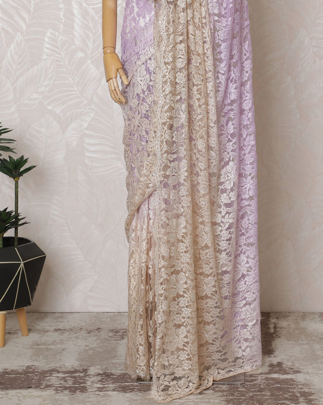 Elegant French Ombre Chantilly Saree Lace with Stone Work - Lavender and Beige, 110 cm Width, 5.5 Mtrs-D19444