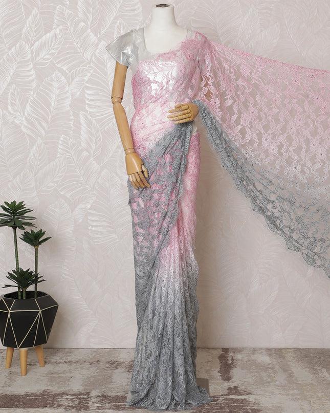 Elegant French Ombre Chantilly Saree Lace with Stone Work - Pink and Grey, 110 cm Width, 5.5 Mtrs-D19445