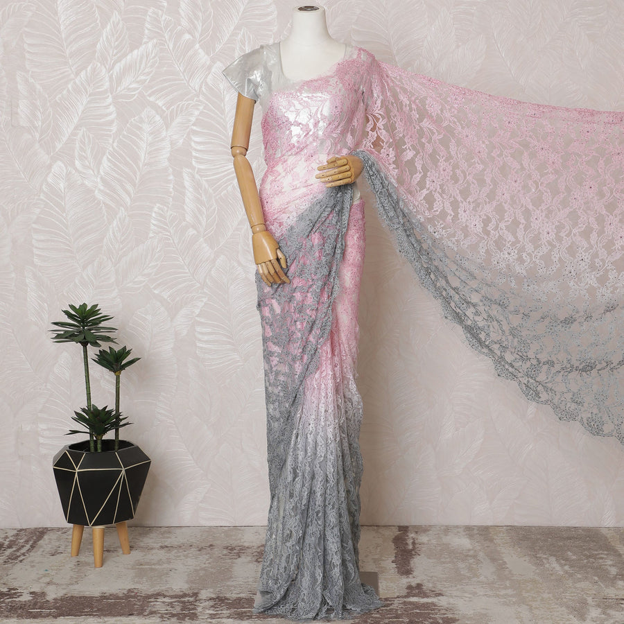 Elegant French Ombre Chantilly Saree Lace with Stone Work - Pink and Grey, 110 cm Width, 5.5 Mtrs-D19445