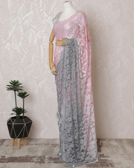 Elegant French Ombre Chantilly Saree Lace with Stone Work - Pink and Grey, 110 cm Width, 5.5 Mtrs-D19445