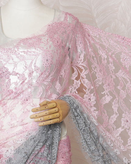 Elegant French Ombre Chantilly Saree Lace with Stone Work - Pink and Grey, 110 cm Width, 5.5 Mtrs-D19445