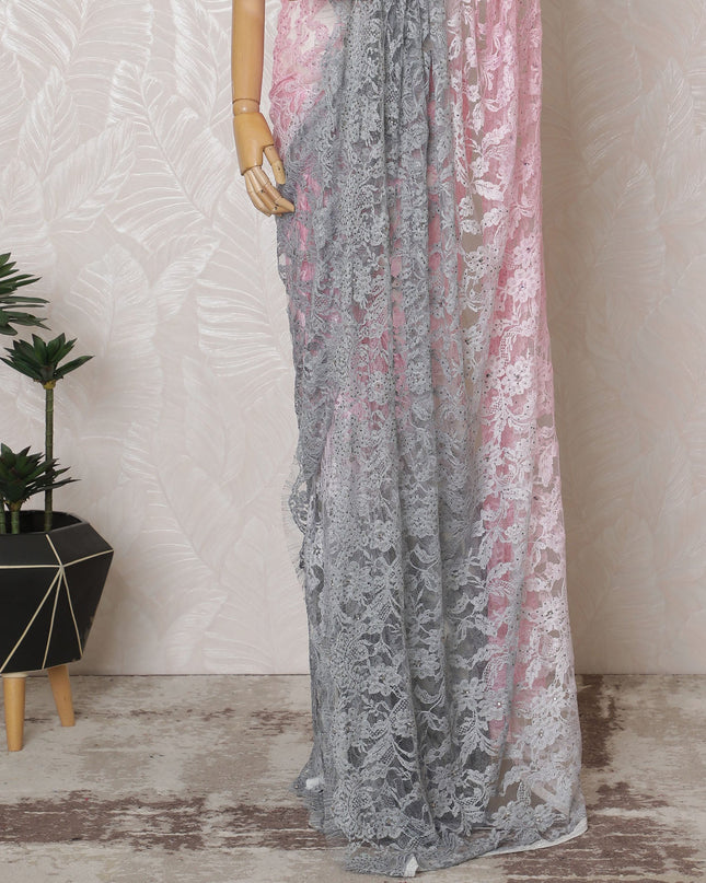 Elegant French Ombre Chantilly Saree Lace with Stone Work - Pink and Grey, 110 cm Width, 5.5 Mtrs-D19445