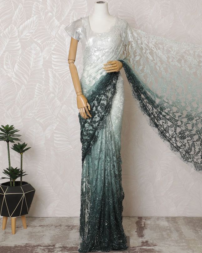 Elegant French Ombre Chantilly Saree Lace with Stone Work - Mint Green and Dark Green, 110 cm Width, 5.5 Mtrs-D19446 Regal Fabrics