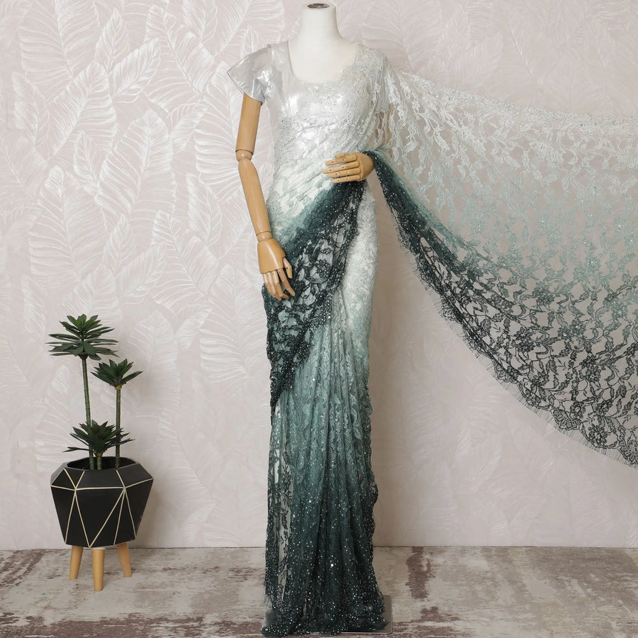 Elegant French Ombre Chantilly Saree Lace with Stone Work - Mint Green and Dark Green, 110 cm Width, 5.5 Mtrs-D19446 Regal Fabrics