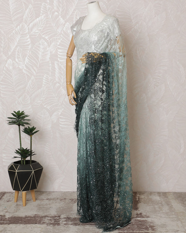 Elegant French Ombre Chantilly Saree Lace with Stone Work - Mint Green and Dark Green, 110 cm Width, 5.5 Mtrs-D19446 Regal Fabrics