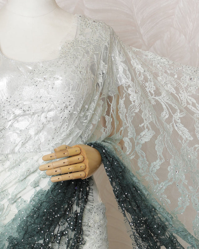 Elegant French Ombre Chantilly Saree Lace with Stone Work - Mint Green and Dark Green, 110 cm Width, 5.5 Mtrs-D19446 Regal Fabrics
