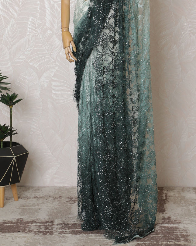 Elegant French Ombre Chantilly Saree Lace with Stone Work - Mint Green and Dark Green, 110 cm Width, 5.5 Mtrs-D19446 Regal Fabrics