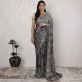 Elegant French Metallic Chantilly Lace Saree with Stone Work in Black and Silver - 5.5 Mtrs, 110 cm-D19503