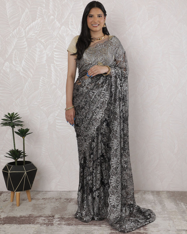 Elegant French Metallic Chantilly Lace Saree with Stone Work in Black and Silver - 5.5 Mtrs, 110 cm-D19503