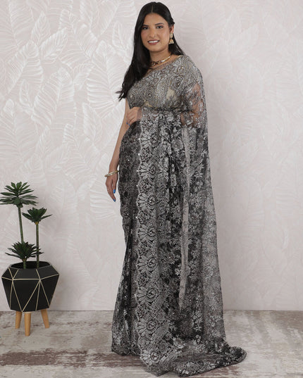 Elegant French Metallic Chantilly Lace Saree with Stone Work in Black and Silver - 5.5 Mtrs, 110 cm-D19503