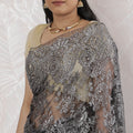 Elegant French Metallic Chantilly Lace Saree with Stone Work in Black and Silver - 5.5 Mtrs, 110 cm-D19503