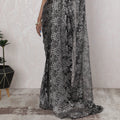 Elegant French Metallic Chantilly Lace Saree with Stone Work in Black and Silver - 5.5 Mtrs, 110 cm-D19503