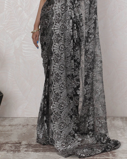 Elegant French Metallic Chantilly Lace Saree with Stone Work in Black and Silver - 5.5 Mtrs, 110 cm-D19503