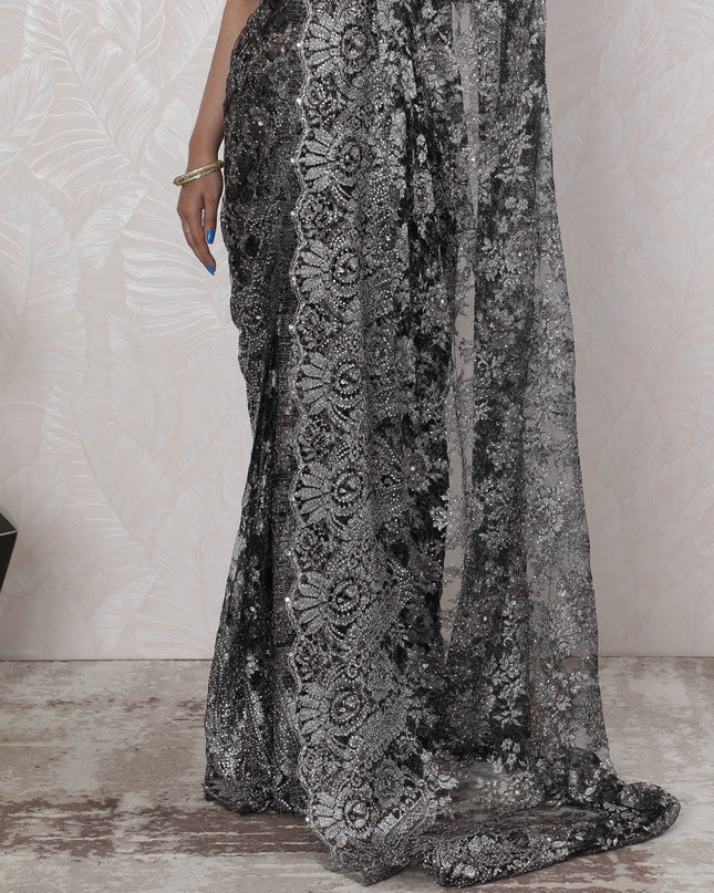 Elegant French Metallic Chantilly Lace Saree with Stone Work in Black and Silver - 5.5 Mtrs, 110 cm-D19503