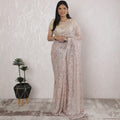 Elegant French Metallic Chantilly Lace Saree with Stone Work in Blush Pink and Silver - 5.5 Mtrs, 110 cm-D19504